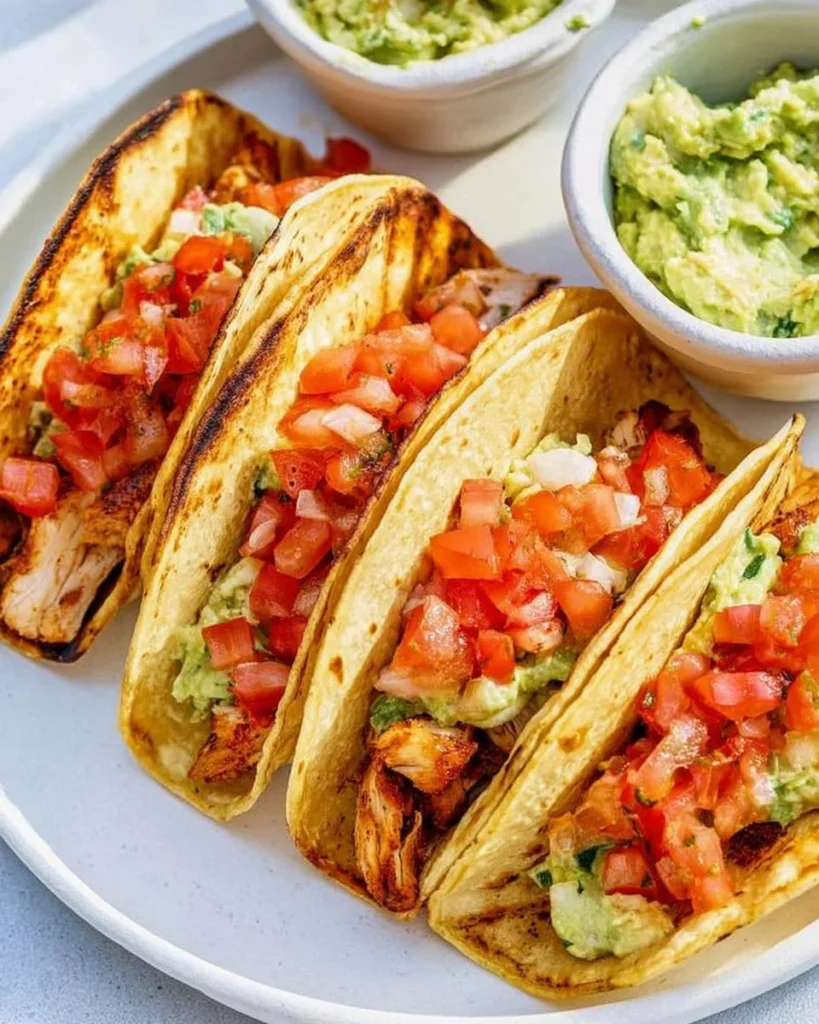 Delicious chicken street tacos served with fresh toppings and salsa.