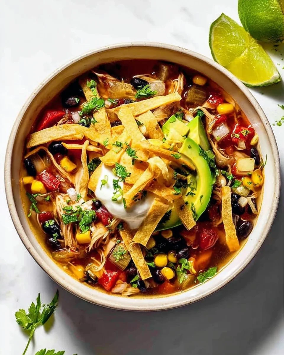 Delicious bowl of Chicken Tortilla Soup topped with tortilla strips and herbs