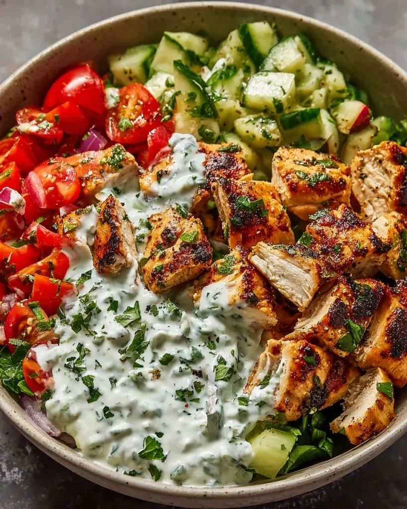 Delicious Chicken Tzatziki Bowls served with fresh ingredients and creamy sauce