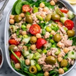 Chickpea tuna salad served in a bowl, healthy and colorful meal option.