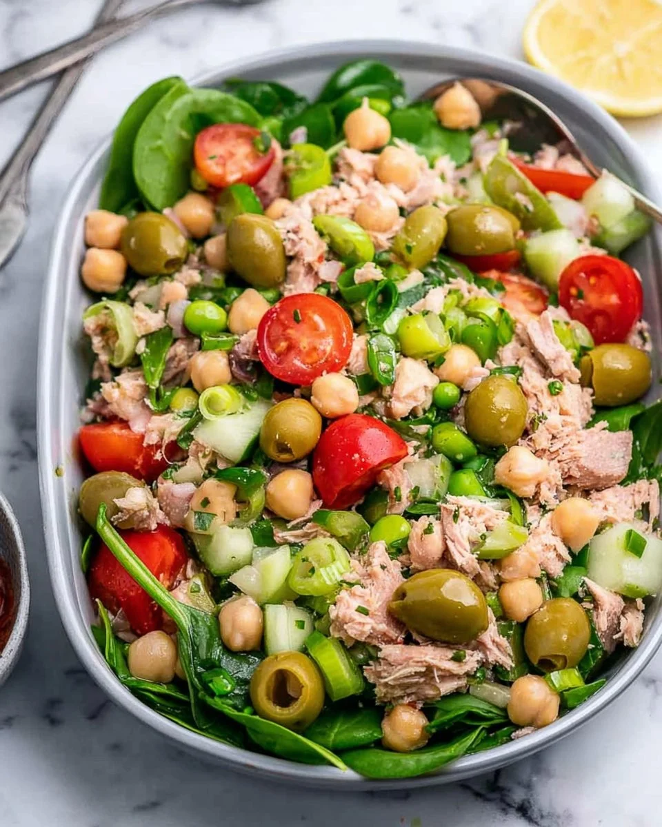 Chickpea tuna salad served in a bowl, healthy and colorful meal option.