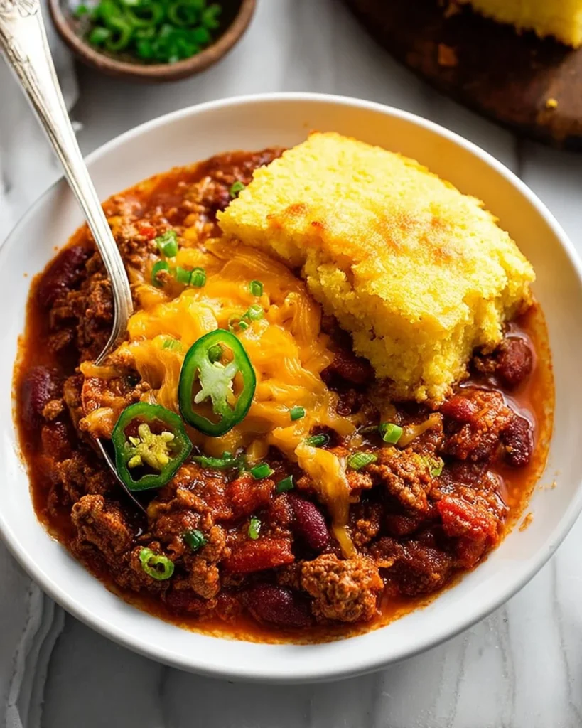 Delicious Chili Cornbread Casserole dish, perfect for busy families and packed with protein.