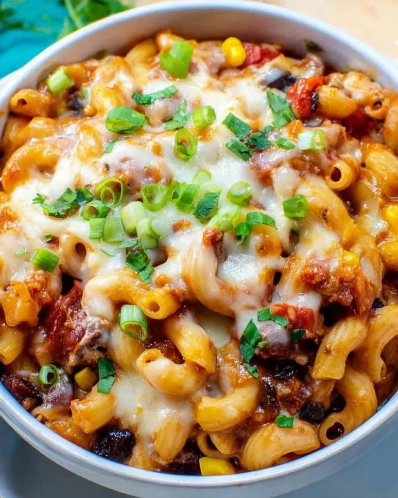 Delicious bowl of Chili Mac and Cheese with melted cheese and chili toppings