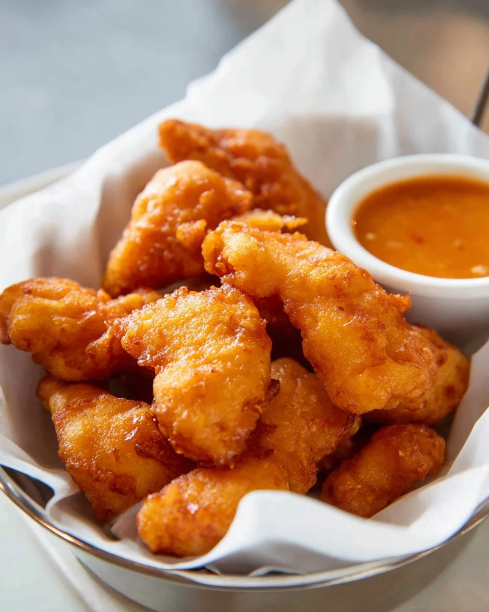 Chinese Chicken Fingers served with dipping sauce on a wooden plate