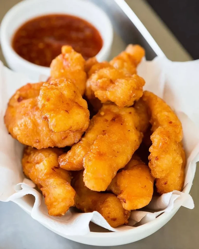 Crispy homemade Chinese chicken fingers served with dipping sauce