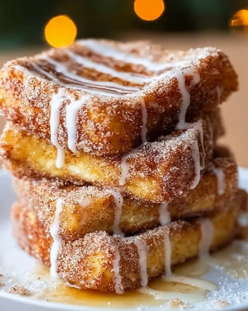 Delicious Churro French Toast drizzled with syrup and topped with cinnamon sugar