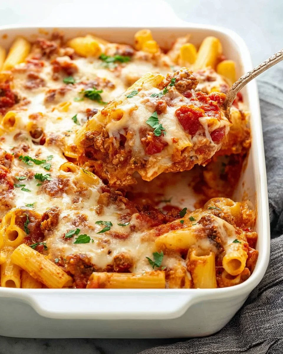 Delicious baked ziti dish served with melted cheese and fresh basil.