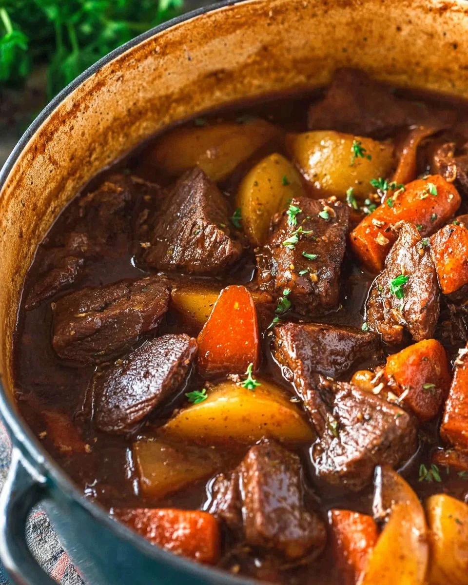 Bowl of heart-healthy classic beef stew with vegetables and herbs