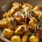 Bowl of Classic Creamy Crack Chicken Gnocchi with fresh herbs and creamy sauce