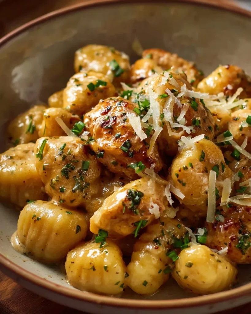 Bowl of Classic Creamy Crack Chicken Gnocchi with fresh herbs and creamy sauce