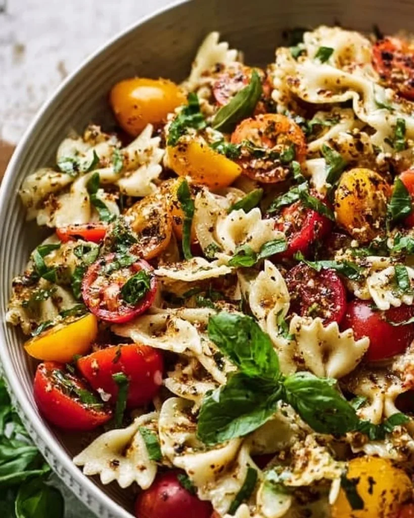 Delicious Cold Bruschetta Pasta Salad served in a bowl with fresh ingredients