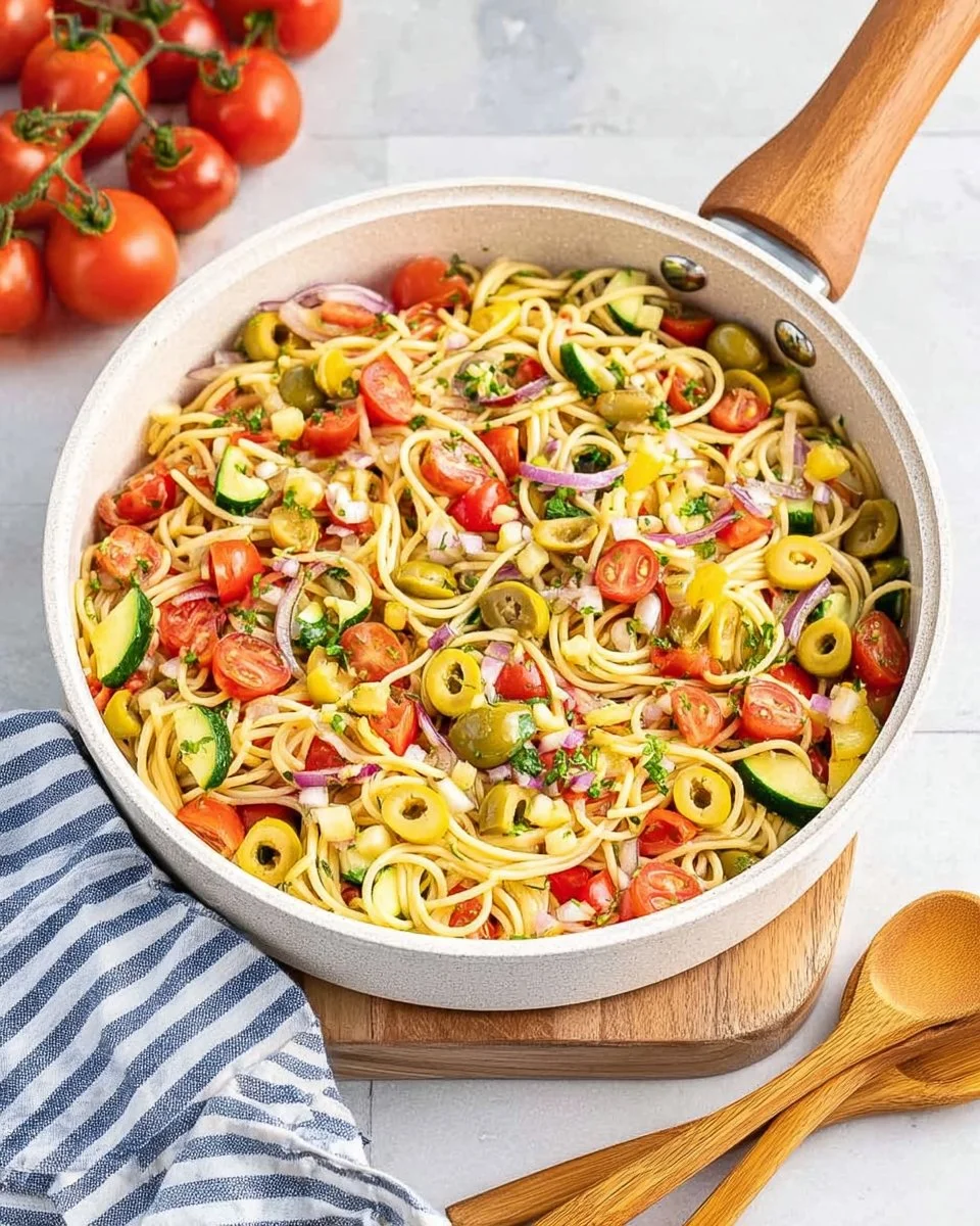 Delicious Cold Spaghetti Salad with fresh vegetables and dressing