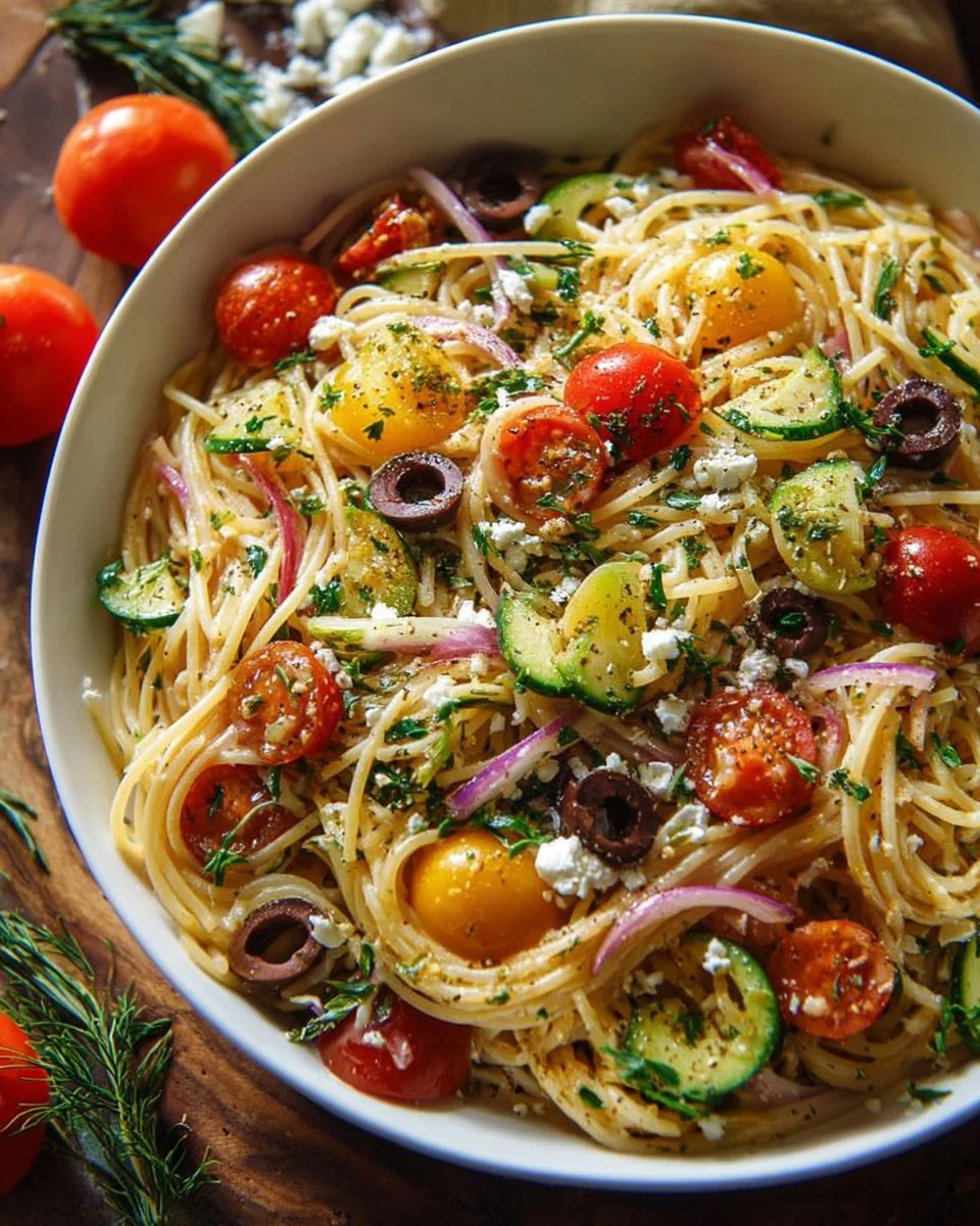 Delicious cold spaghetti salad with fresh vegetables and dressing