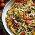 Refreshing cold spaghetti salad in a colorful bowl