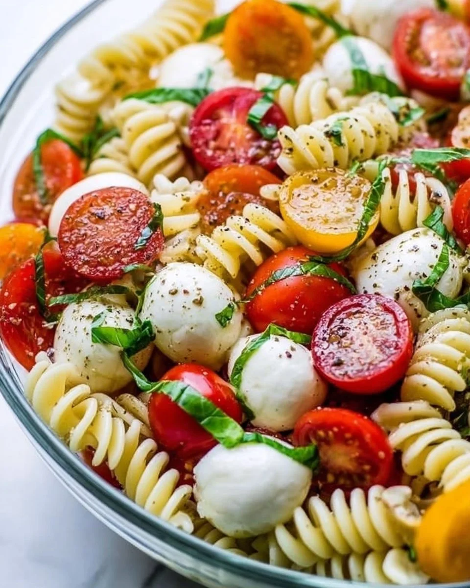 Colorful Caprese Pasta Salad with fresh basil, tomatoes, and mozzarella