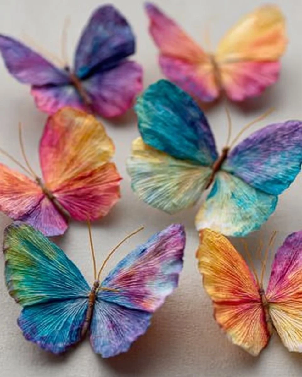 Colorful coffee filter butterflies crafted for decoration and craft activities.