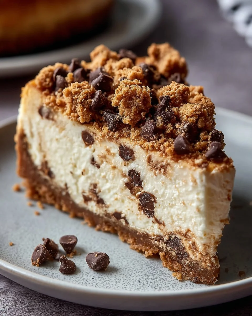 Delicious slice of Cookie Dough Cheesecake topped with cookie dough pieces