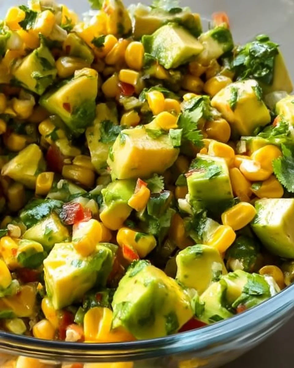Colorful Corn Avocado Cilantro Salad in a bowl with lime dressing