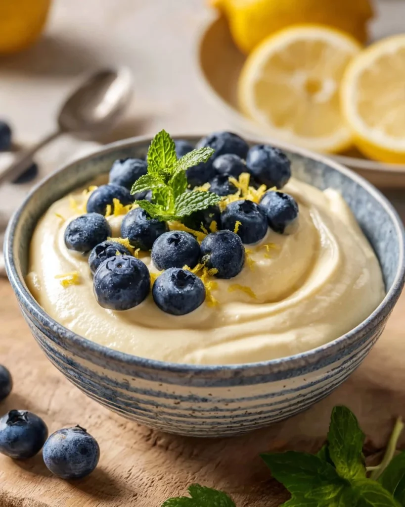 Delicious cottage cheese lemon mousse in a glass, topped with lemon zest.