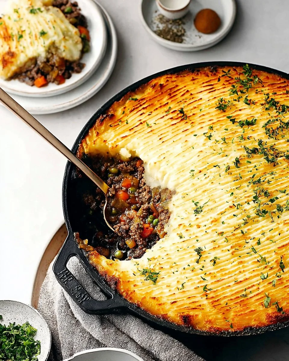 Healthy Cottage Pie served with vegetables and topped with creamy mashed potatoes