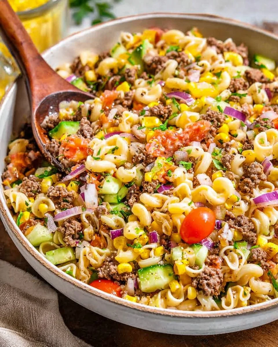 Delicious Cowboy Pasta Salad featuring colorful vegetables and pasta in a bowl.