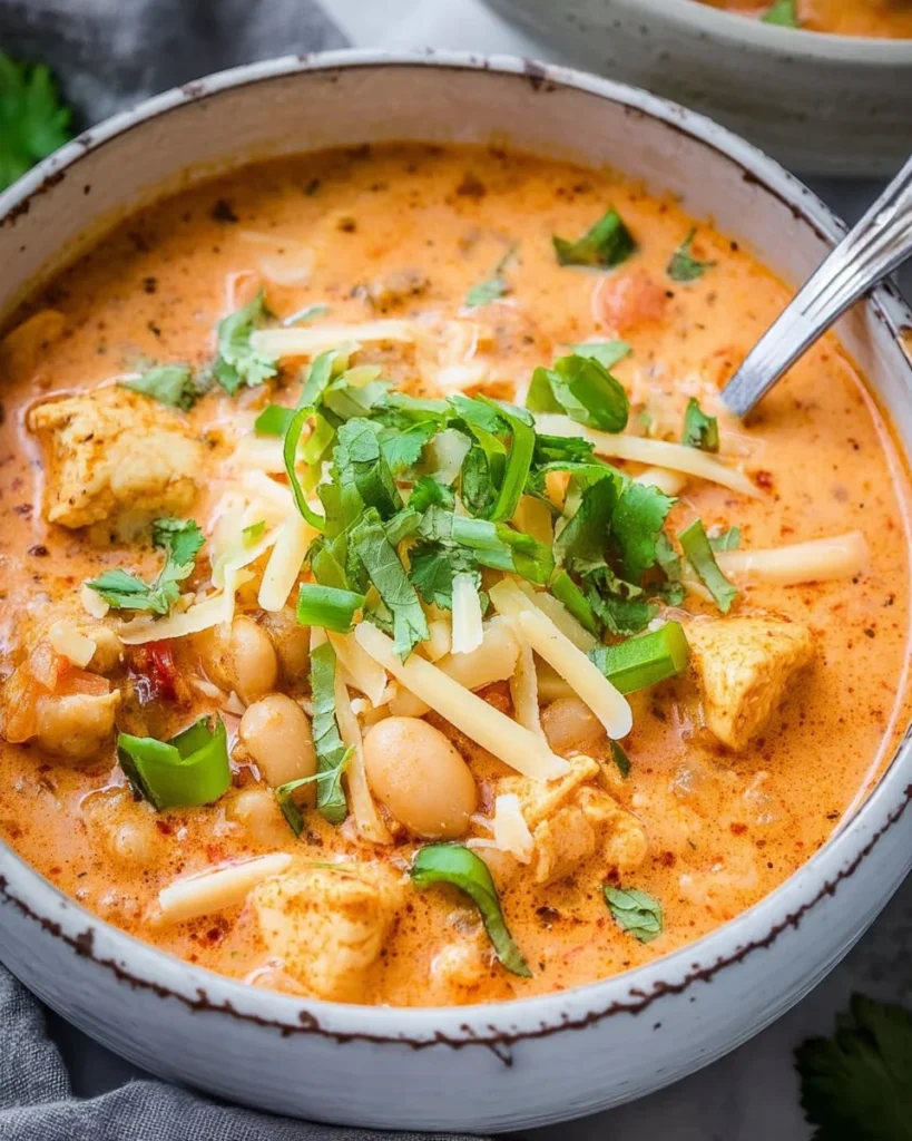 Bowl of Crack Chicken Chili topped with cheese and herbs, high in protein.