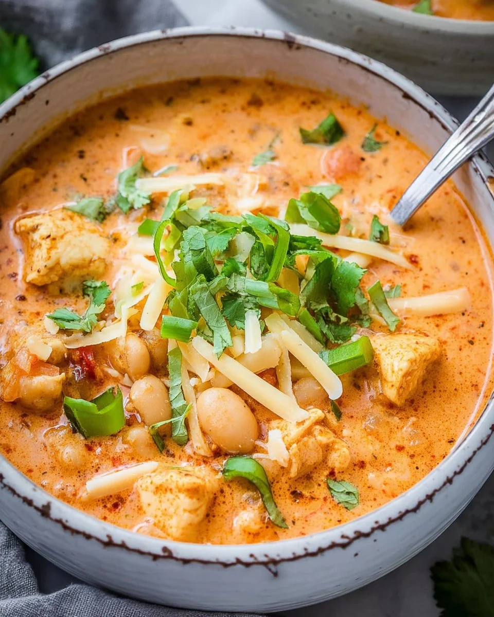 Bowl of Crack Chicken Chili topped with cheese and herbs, high in protein.