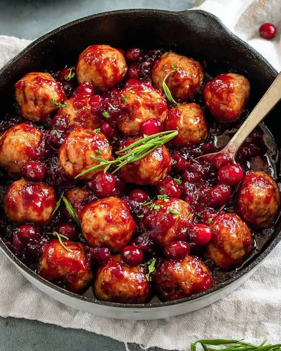 Delicious cranberry chicken meatballs served on a platter with herbs
