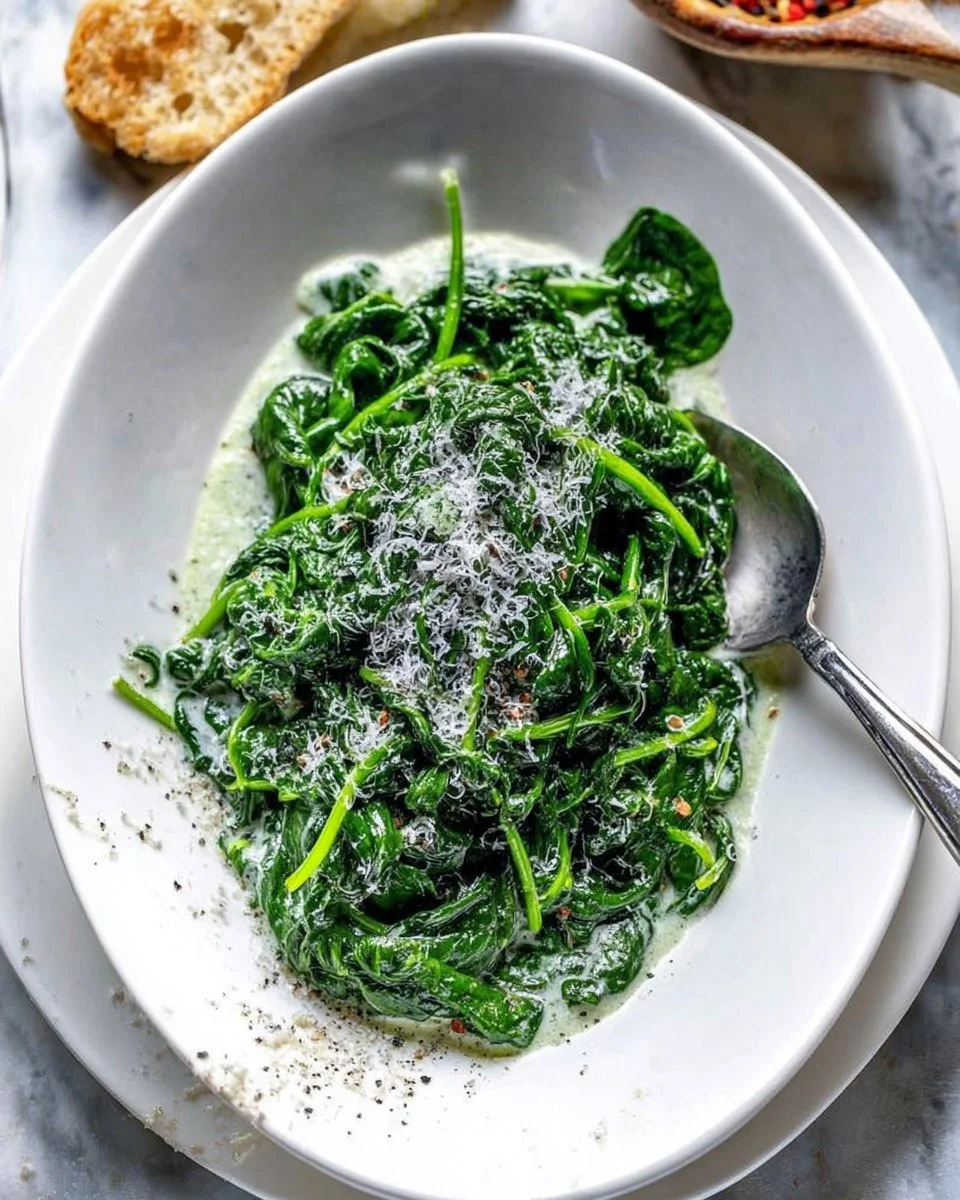 Healthy creamed spinach dish topped with seasoning in a white bowl