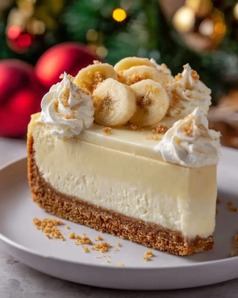 Creamy banana cheesecake topped with fresh banana slices and whipped cream