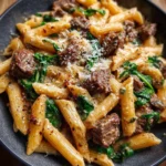 Creamy beef pasta dish served in a bowl, ideal for busy family dinners
