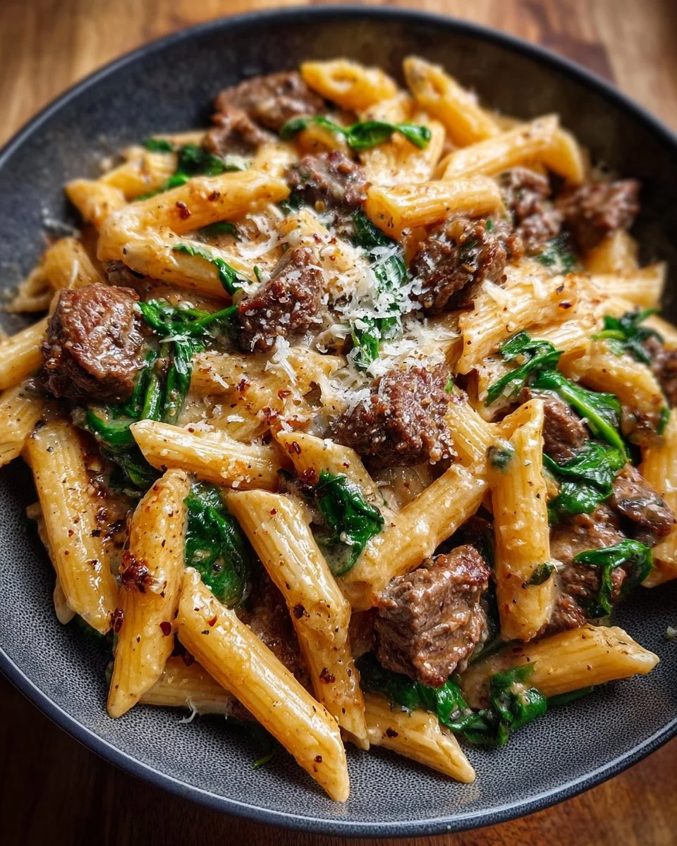 Creamy beef pasta dish served in a bowl, ideal for busy family dinners