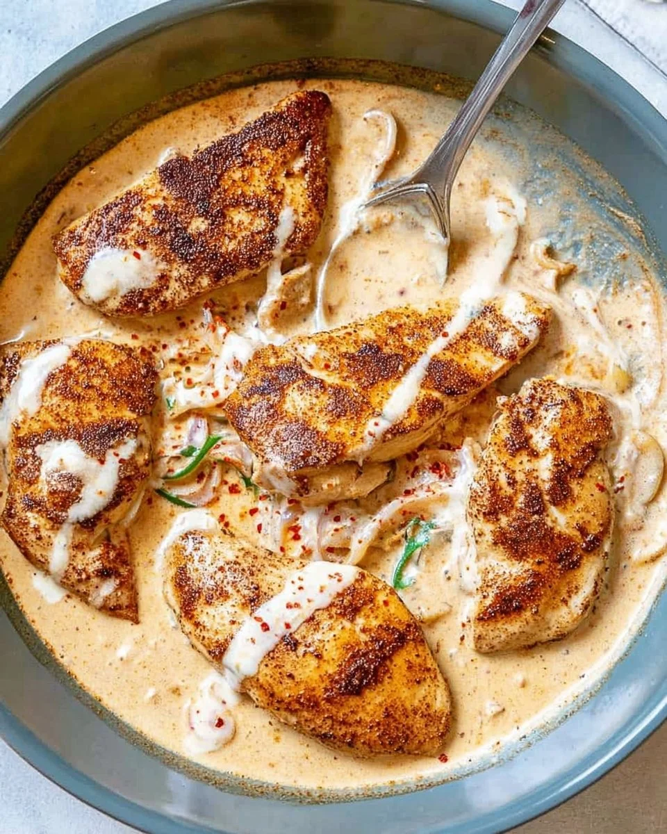 Delicious creamy Cajun chicken on a plate garnished with herbs