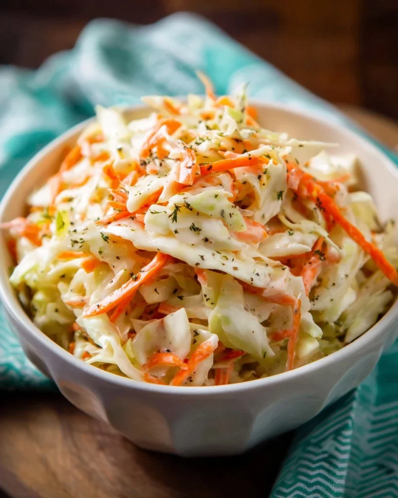 Bowl of creamy coleslaw with cabbage, carrots, and dressing