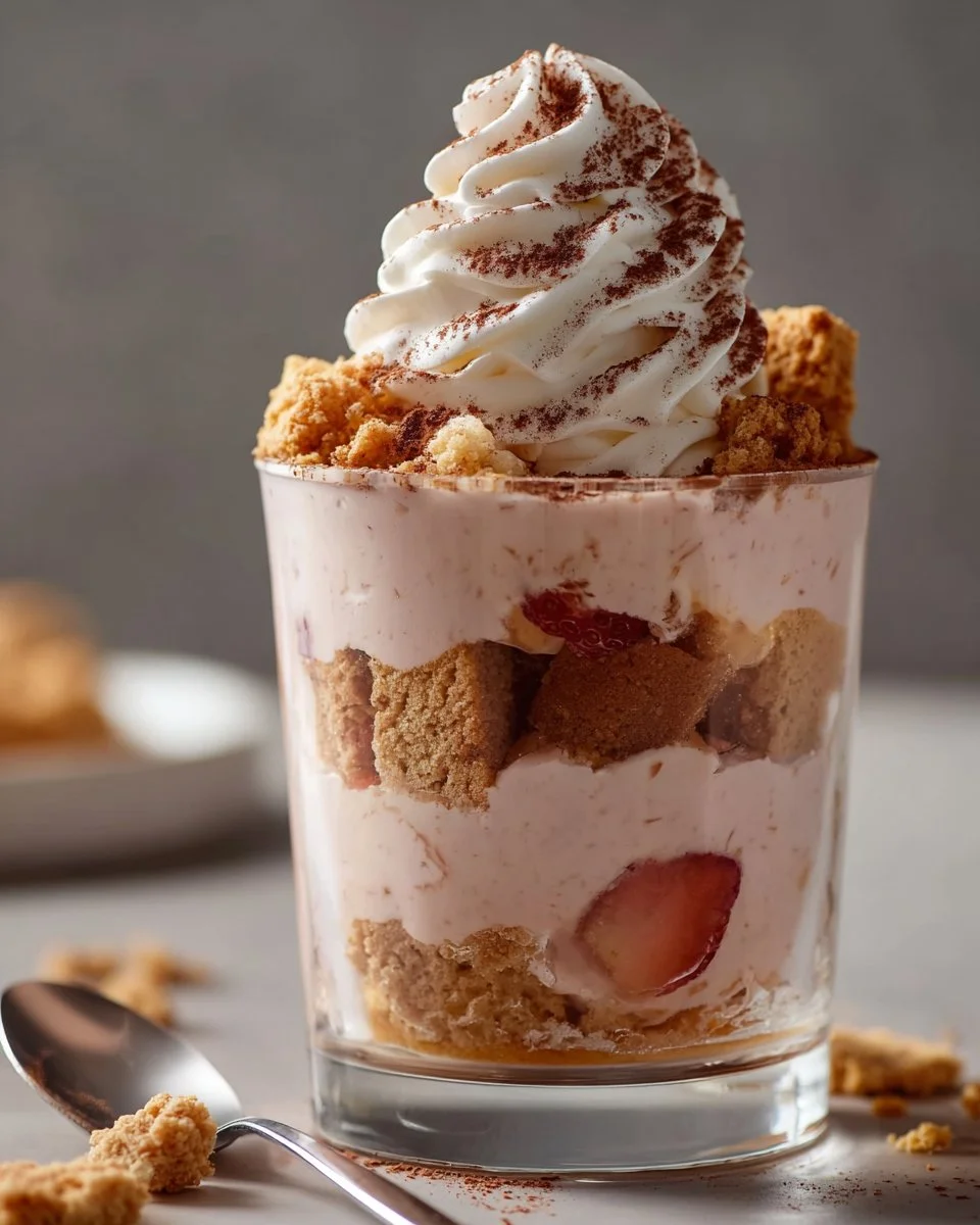 Delicious creamy dessert cup topped with fresh berries and whipped cream