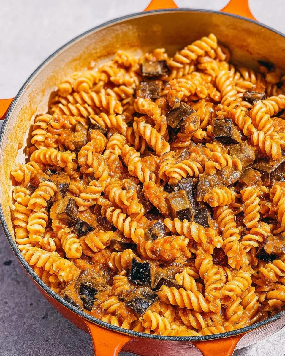 Creamy eggplant pasta dish garnished with fresh herbs and cheese