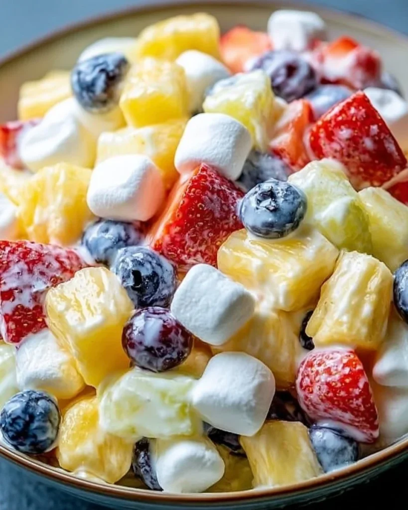 Delicious creamy fruit salad in a bowl, perfect for busy families.