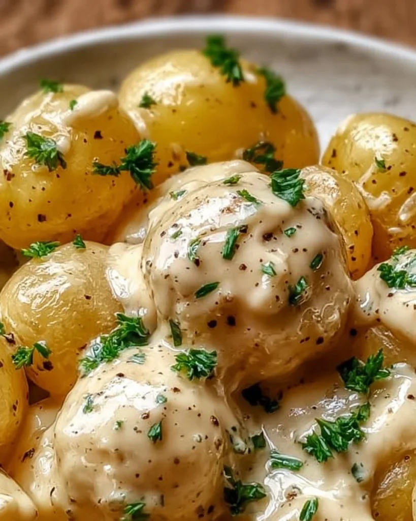 Creamy garlic sauce baby potatoes garnished with herbs