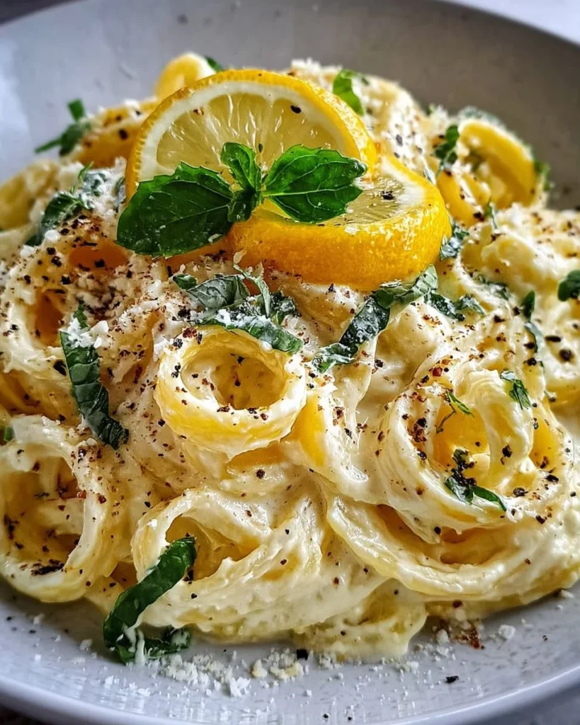 Creamy lemon ricotta pasta garnished with lemon zest and herbs