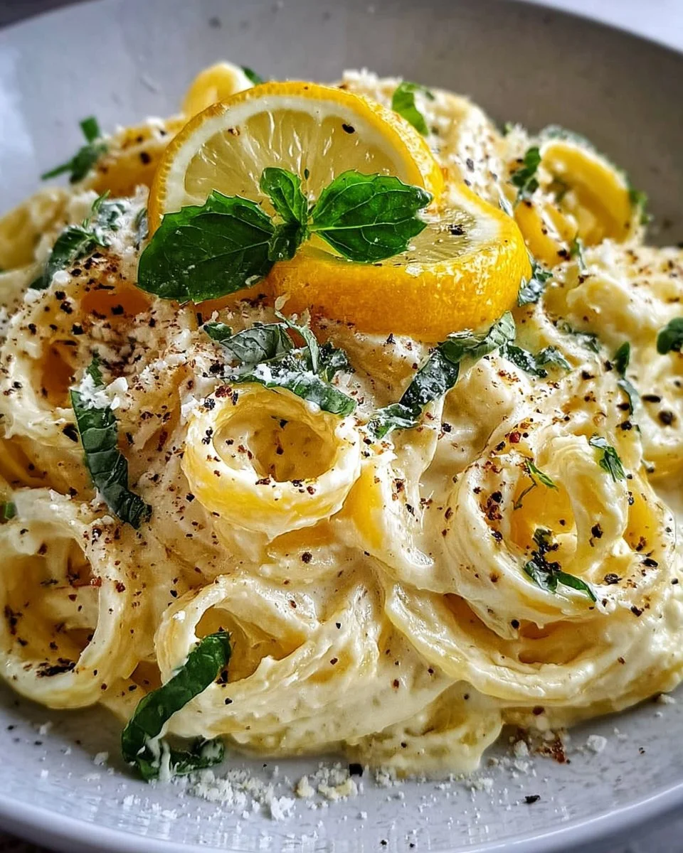 Creamy lemon ricotta pasta garnished with lemon zest and herbs
