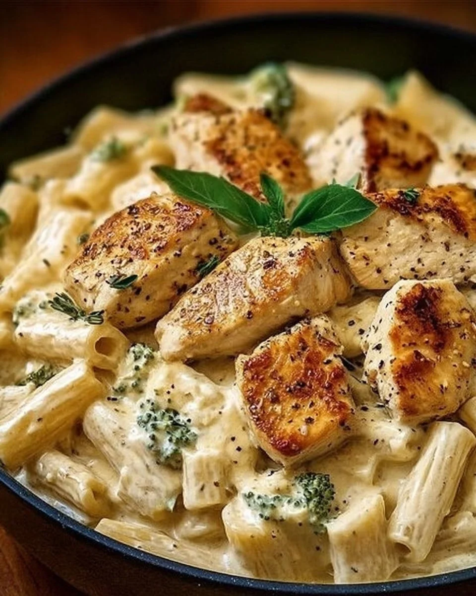 Creamy parmesan chicken served with broccoli rice in a bowl