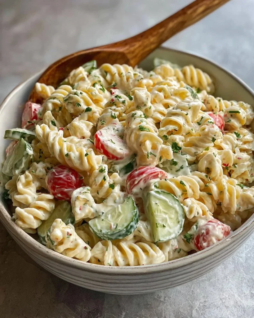 Creamy Pasta Salad served in a bowl, a perfect summer side dish