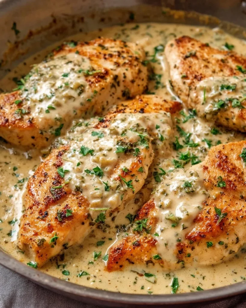 Creamy ranch chicken dish served with vegetables and herbs