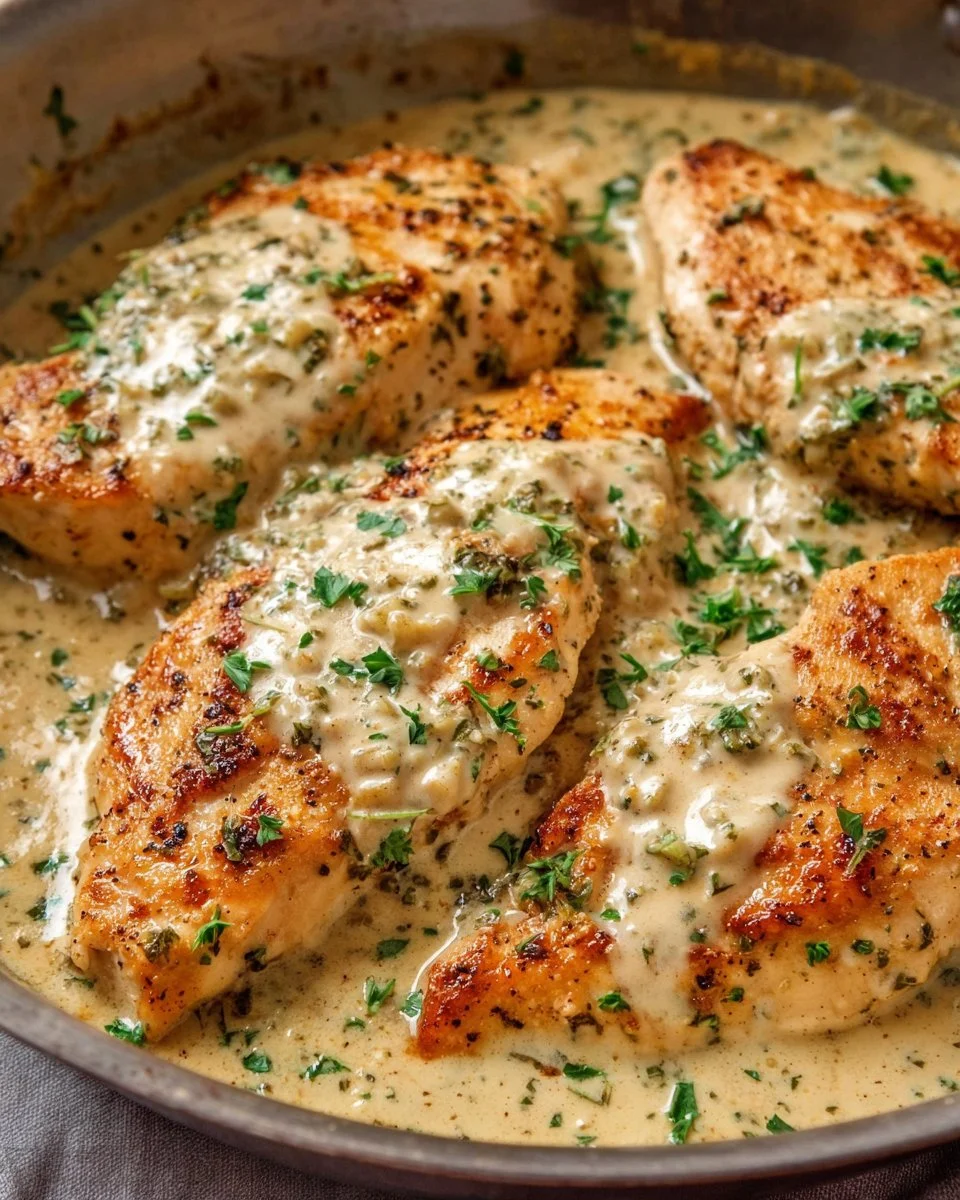 Creamy ranch chicken dish served with vegetables and herbs