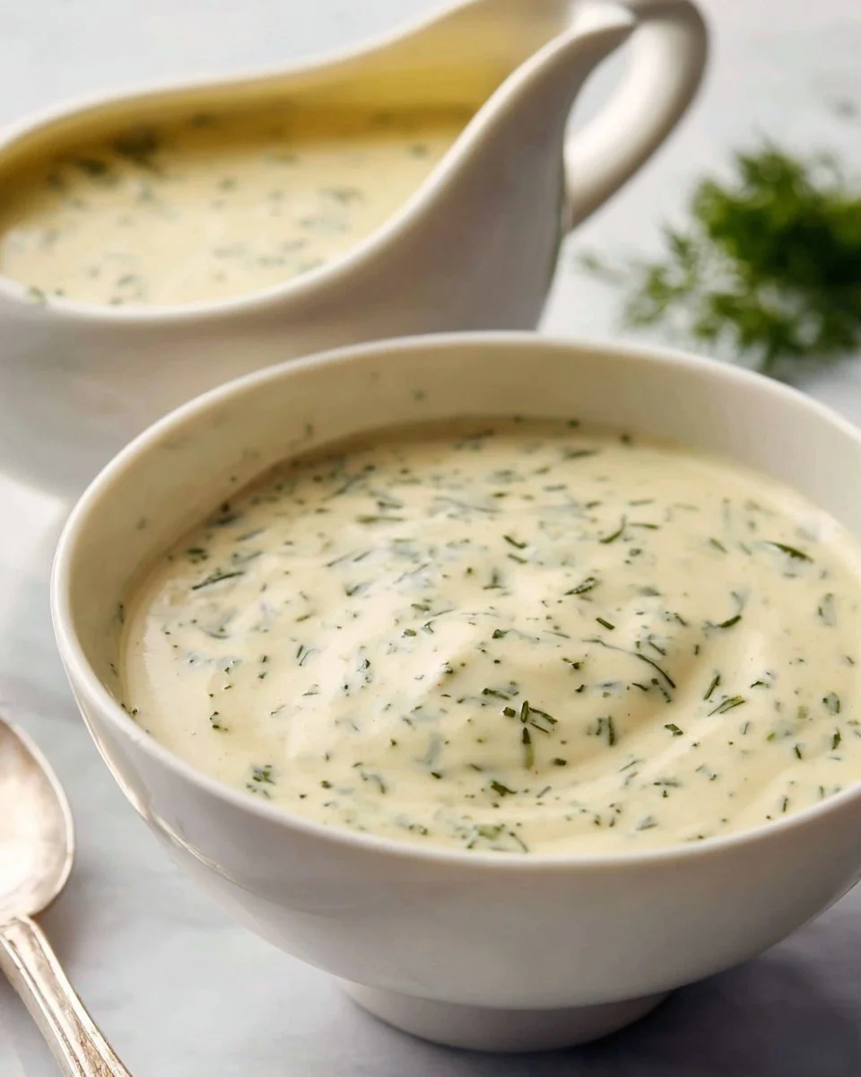 Creamy tarragon sauce in a bowl, garnished and ready for serving.