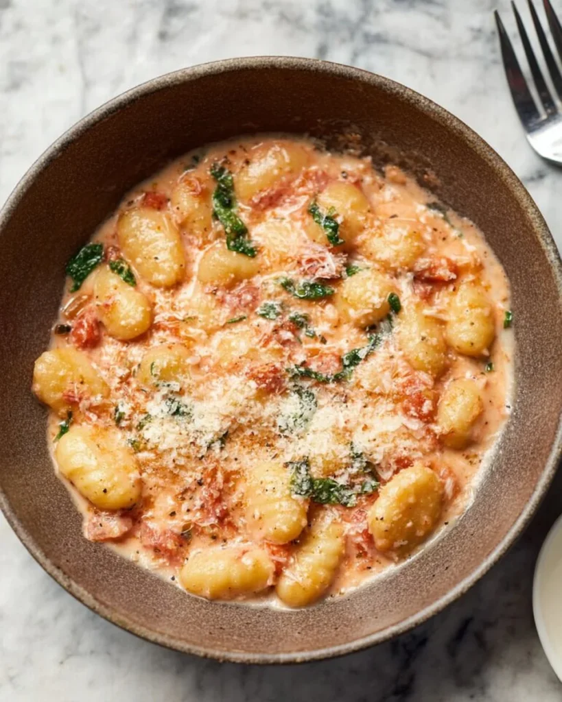 Bowl of creamy tomato gnocchi topped with fresh basil and grated cheese.
