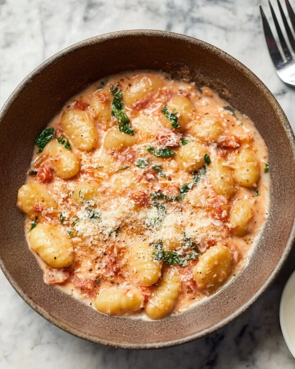 Bowl of creamy tomato gnocchi topped with fresh basil and grated cheese.