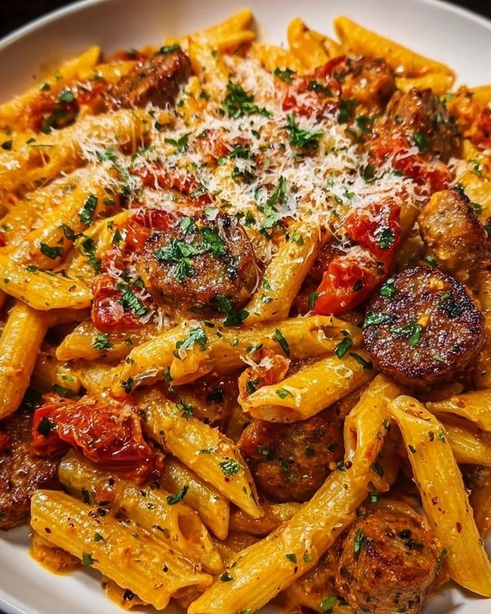 Creamy Tomato Sausage Penne in a bowl, garnished with fresh herbs.