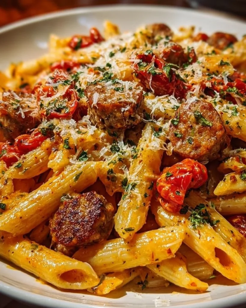 Delicious creamy tomato sausage penne served on a plate with herbs