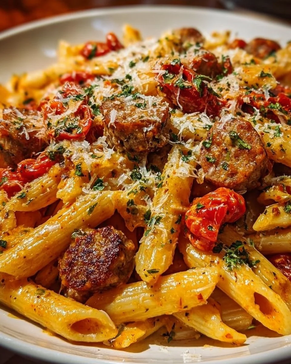 Delicious creamy tomato sausage penne served on a plate with herbs